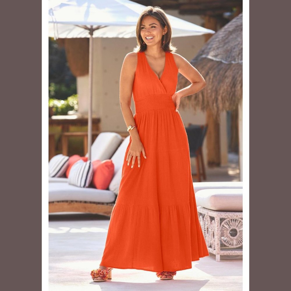 $129.50 NWT BOSTON PROPER V NECK SMOCKED MAXI DRESS SIZE: XS